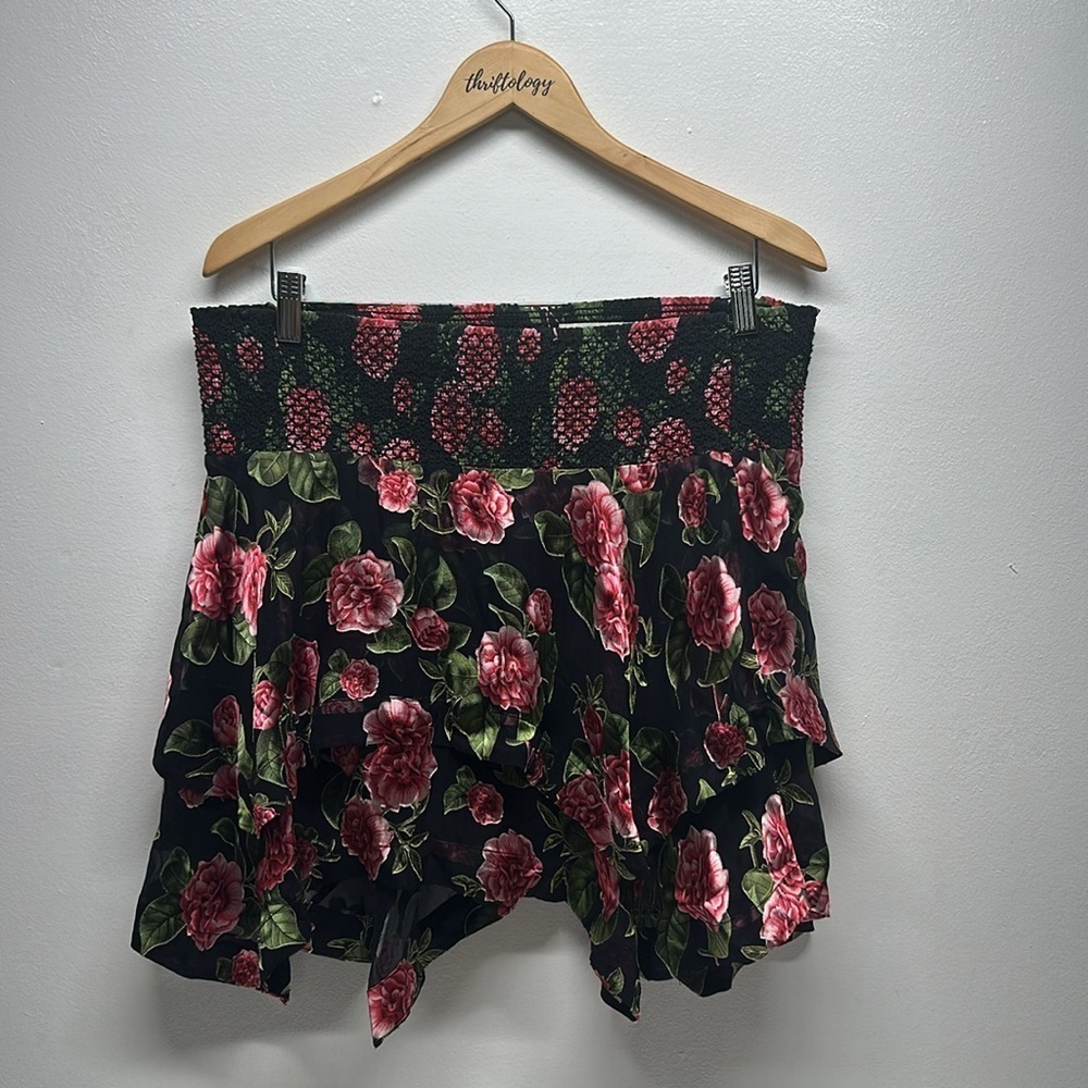 Alice + Olivia Zarya Mini Skirt Asymmetrical Smocked Floral Flowers Black Pink 8 - Picture 2 of 7